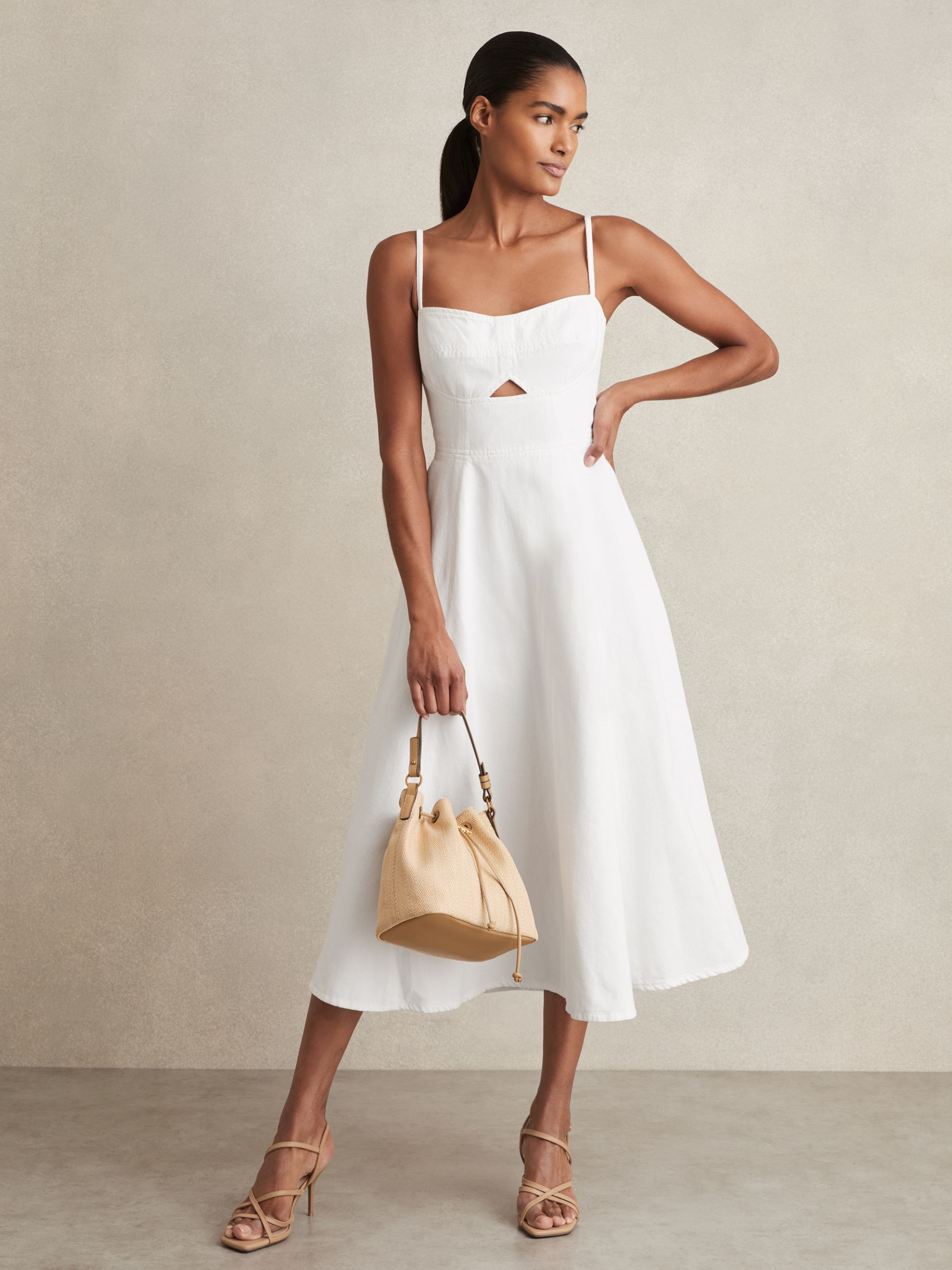 Denim Fit and Flare Midi Dress in White | Reiss UK