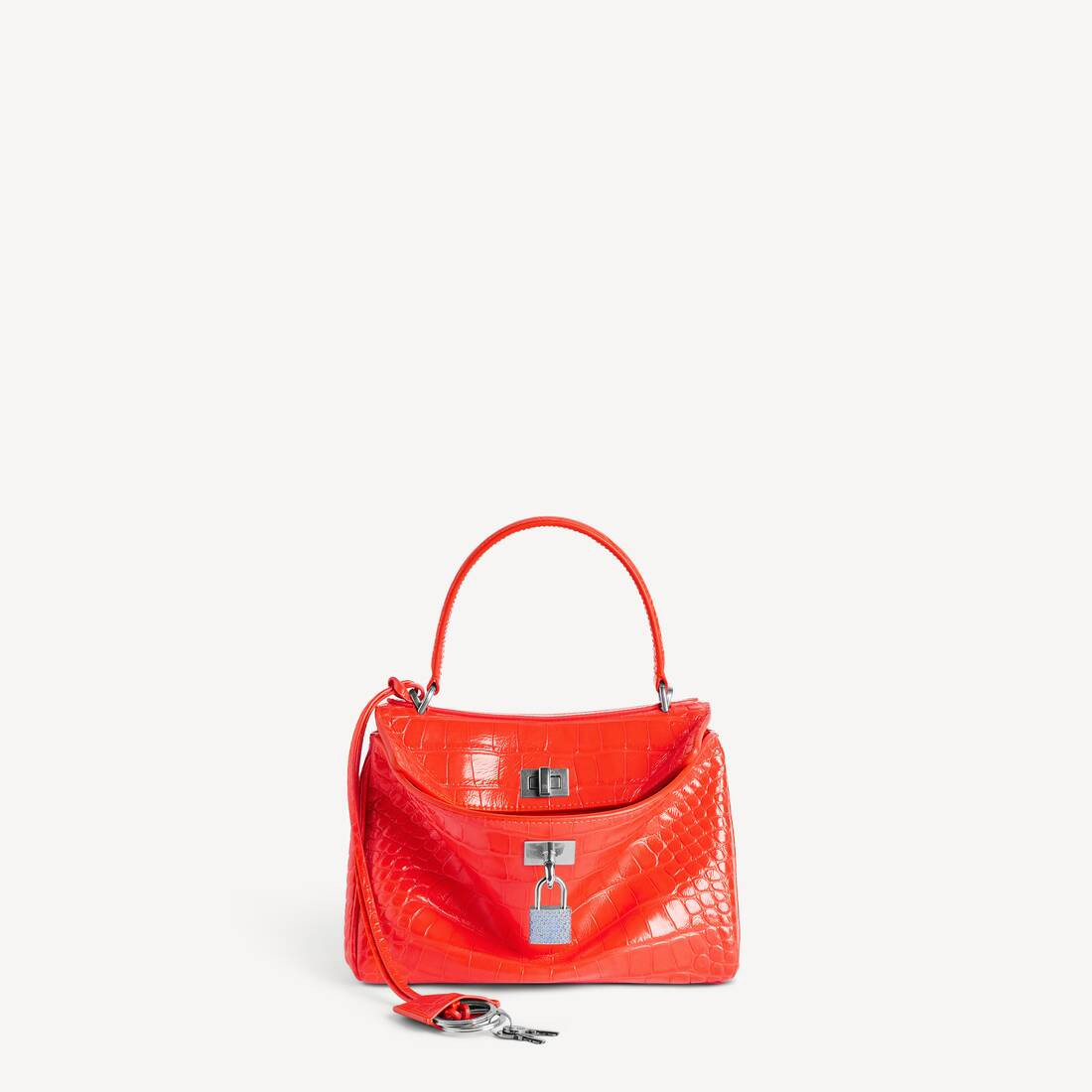 Rodeo Handbag Mini in pop orange crocodile embossed calfskin with padlock, aged-silver hardware | Balenciaga