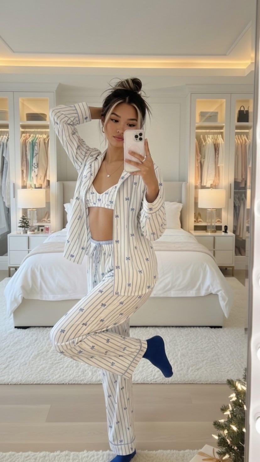 Slow holiday mornings at home 🤍
Wearing a soft Aerie striped pajama set with the matching bralette (S) — one of my favorite cozy holiday outfits for lounging, coffee in bed, and staying comfy before the day starts. I love a matching pajama set because it feels put together without trying, and this one is lightweight, breathable, and perfect for winter mornings at home. Everything I’m wearing is linked below if you want to shop a cozy holiday pajama set that actually feels good to live in ✨


#LTKHoliday #LTKFindsUnder50 #LTKgrwm
