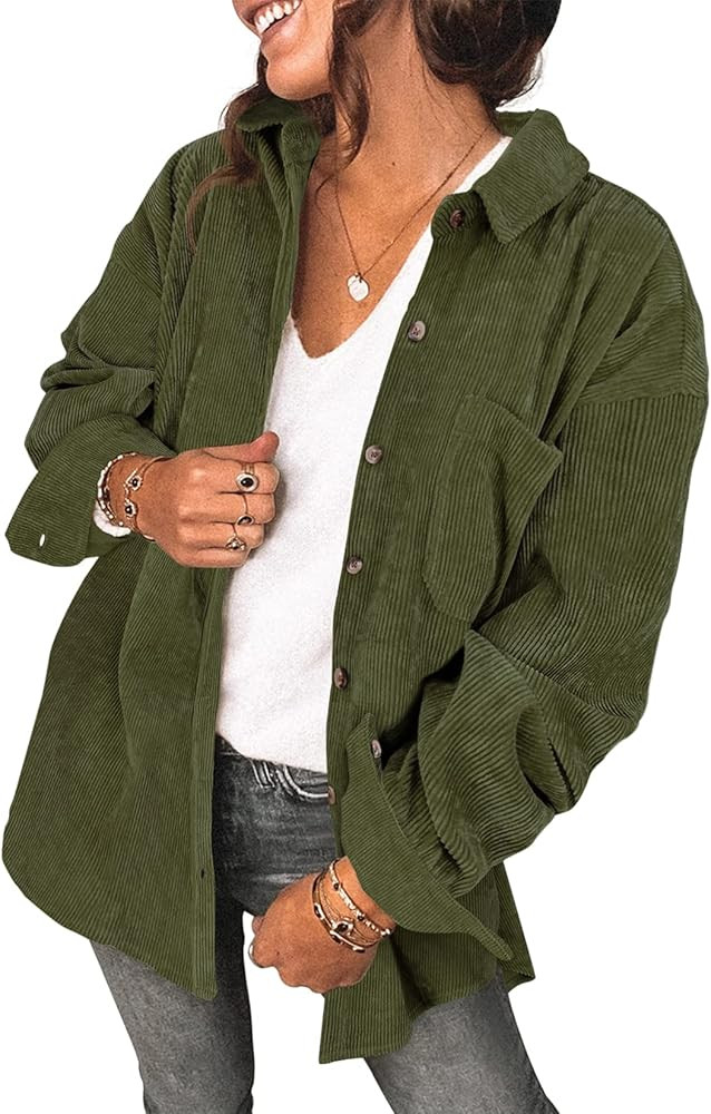 Saslax Womens Corduroy Shirt Long Sleeve Oversized Button Up V Neck Blouses Tops Loose Shacket Ja... | Amazon (US)