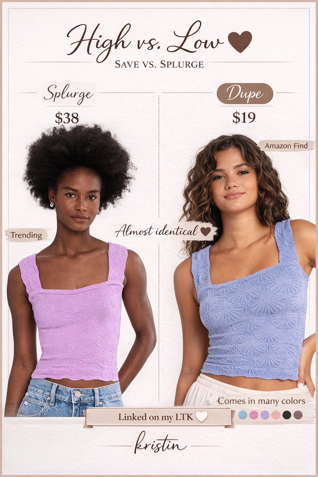 Obsessed with this one 🤎

If you’ve been eyeing the Free People tank… I found the BEST dupe and it’s almost identical for half the price 👀

Same texture, same fit, same elevated look — just without the splurge 🙌
And it comes in SO many colors 🙏✨

Tell me… are you team save or splurge?!

Everything is linked on my LTK 🤍

#LTKfinds #LTKunder50 #freepeopledupe #dupealert #amazonfashion #amazonfinds #affordablefashion #lookforless #budgetstyle #momstyle #everydayoutfit #summerstyle #casualstyle #neutralstyle #styleinspo #outfitideas #ltkstyle

#LTKU #LTKSaleAlert #LTKootd