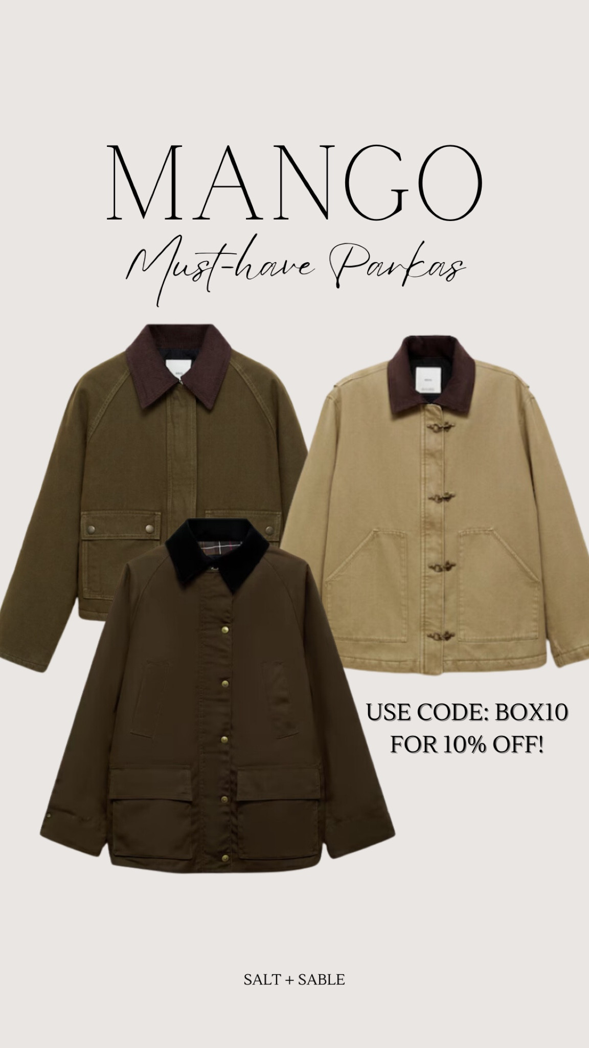 Shop these parkas by Mango clothing now while they’re on sale. Stack the savings when you use code:BOX10 Sizes are limited so snag yours today! 

Mango clothing 
Mango brand
Parkas for women 
Utility jacket for women 
Women’s jackets 
Minimalist style 
Minimalist jacket 
Women’s outerwear 
Neutral jacket
Fisherman aesthetic 
Mango cotton parka
Parka outfit 
Parka jacket 
Parka jacket outfit 
Parka coat 