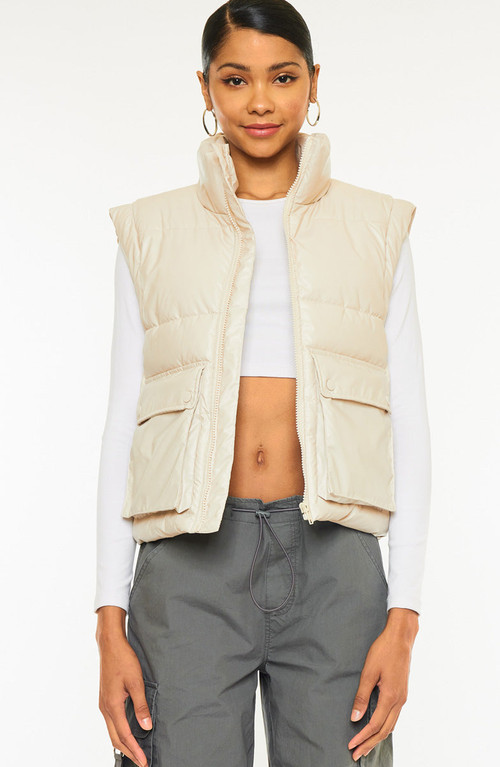 KanCan Frida Cropped Faux Leather Puffer Vest in Cream at Nordstrom, Size Medium | Nordstrom
