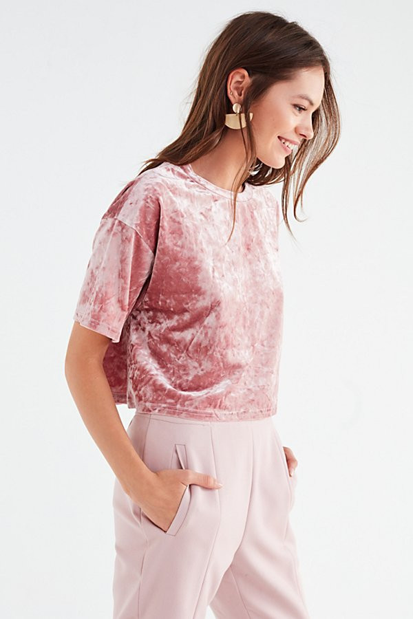 UO Cropped Velvet Tee - Pink XS at Urban Outfitters | Urban Outfitters US
