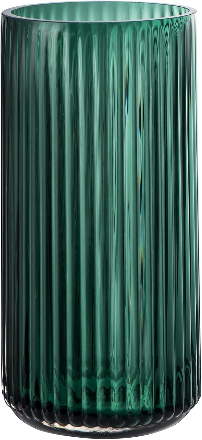 Vintage Glass Vase Decor - 7.9 inch Green Modern Trendy Ribbed Flower Bottle - Cylinder Hand Blow... | Amazon (US)