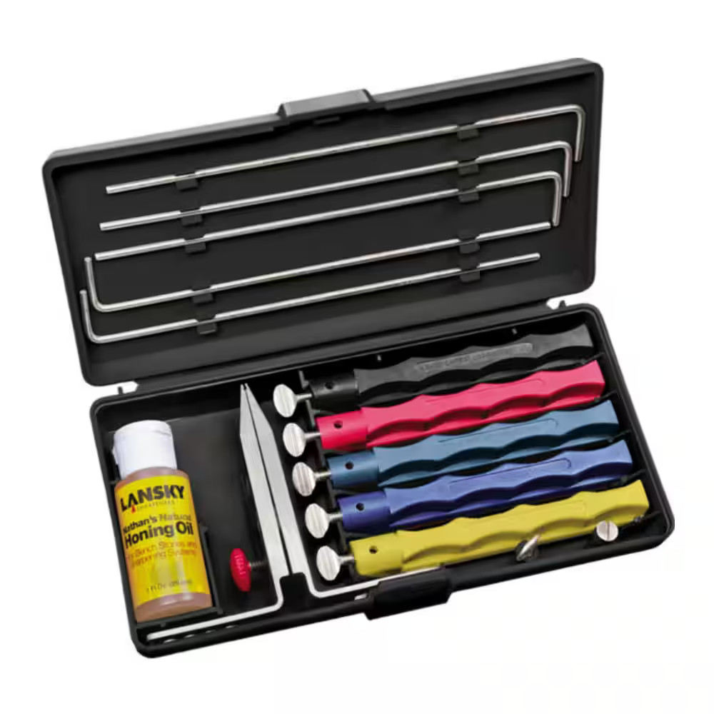 Lansky Deluxe 5-Stone clamp sharpening kit with color-coded hones in a case