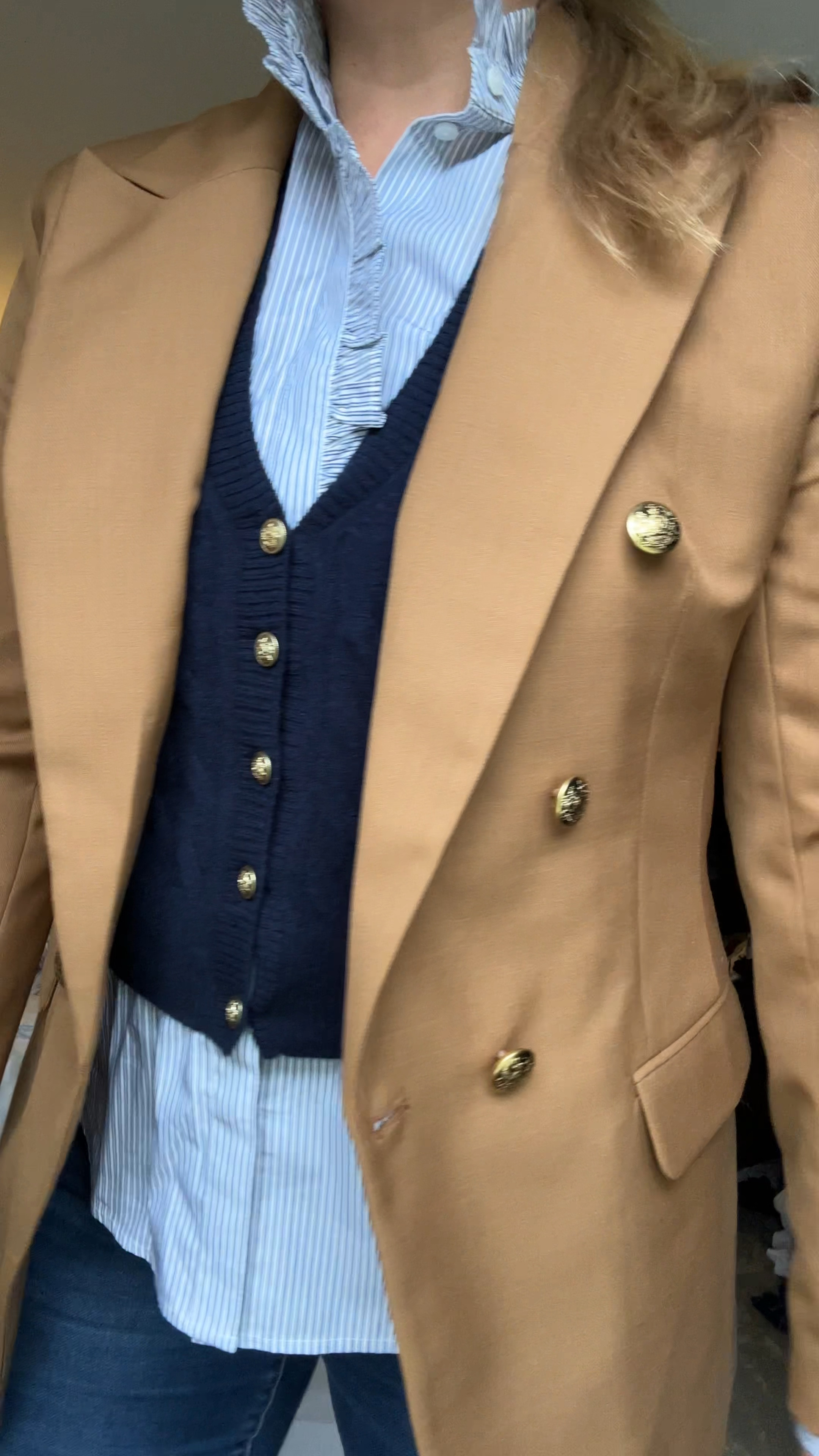 Did I ever tell you fall is my favorite time to get dressed?! Camel blazer (comes in tall) blue striped shirting Ruffle neck shirt (comes in tall) , and navy cable knit cashmere vest for a great fall outfit with jeans and riding boots

#LTKSeasonal #LTKover40 #LTKmidsize