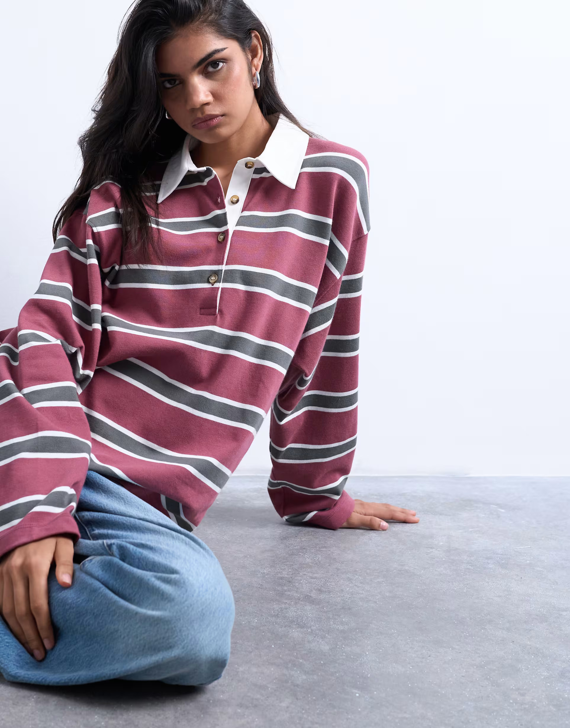 Topshop jersey stripe rugby long sleeve polo in burgundy | ASOS | ASOS (Global)