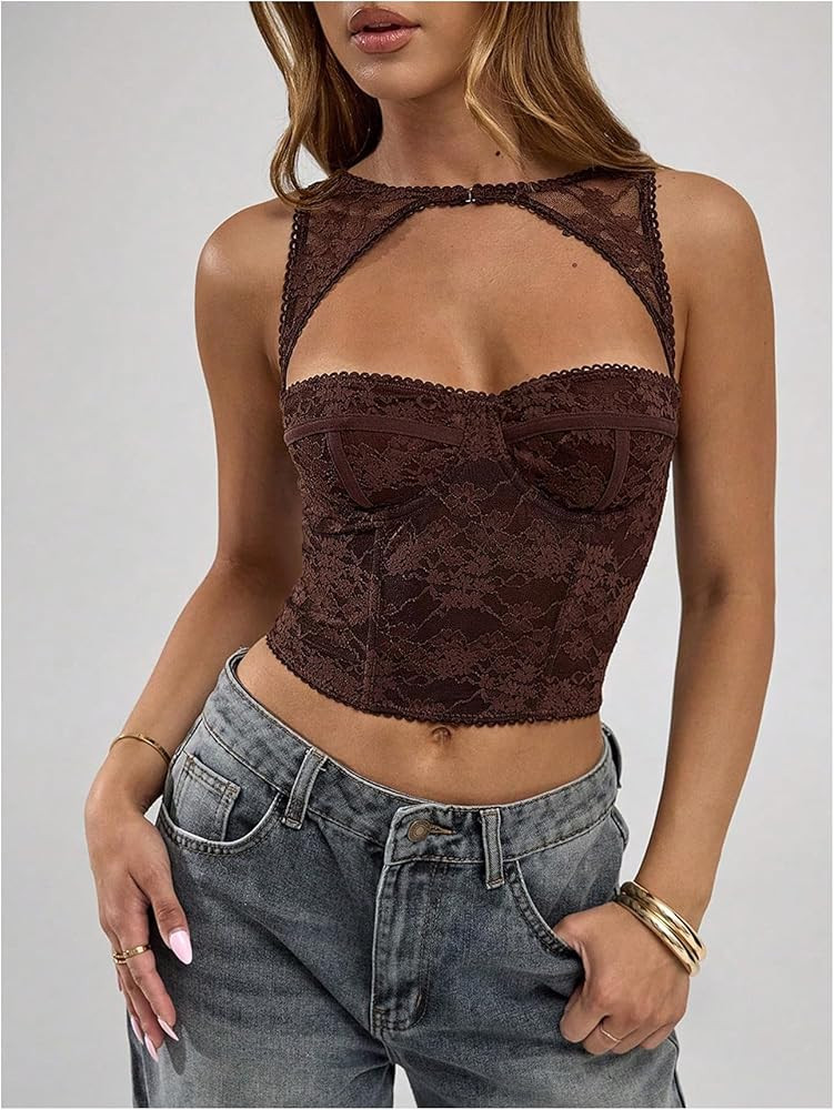 WDIRARA Women's Cut Out Lace Crop Bustier Corset Tank Top Sexy Going Out Party Club Tops | Amazon (US)