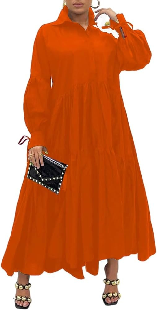 Women's Long Sleeve Maxi Shirt Dress Elegant Button Down Loose Swing Party Dress | Amazon (US)
