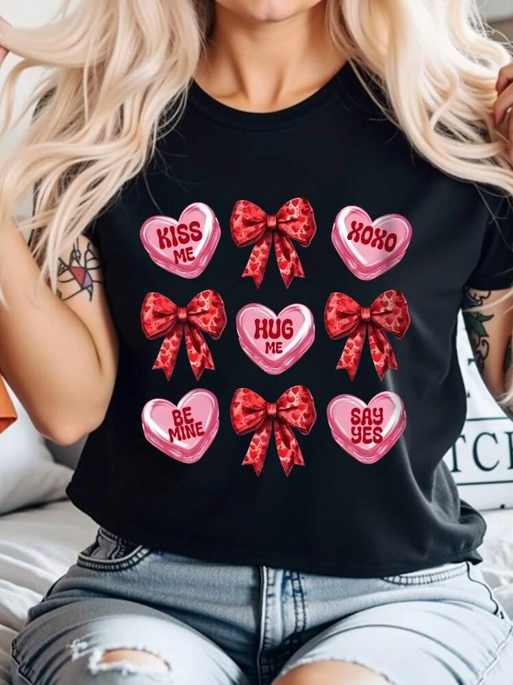 SHEIN Relaxiva Women's Valentine's Day Short Sleeved T-Shirt, Printed With Heart And Bow Patterns... | SHEIN