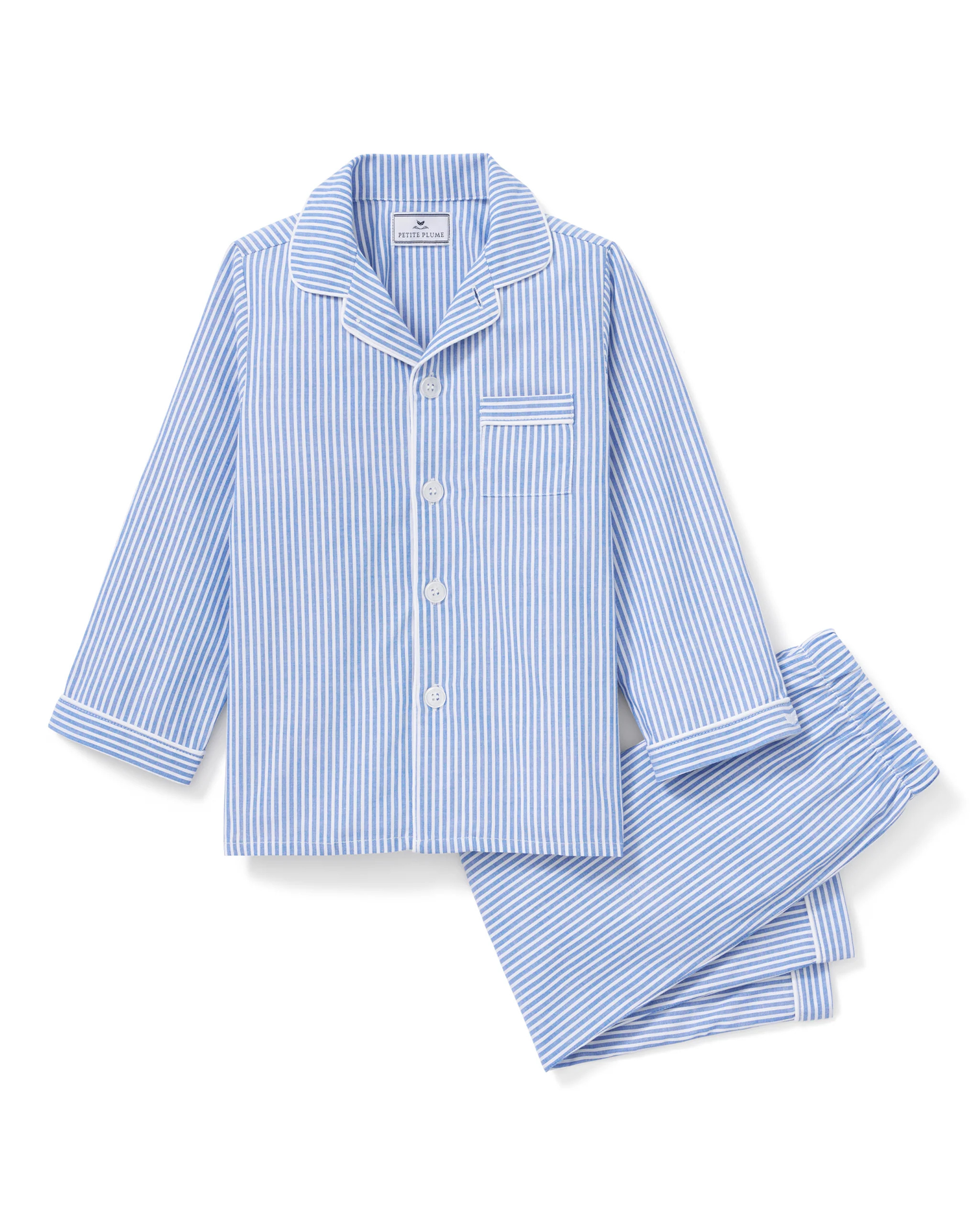 Kid's Twill Pajama Set in French Blue Heritage Stripe | Petite Plume