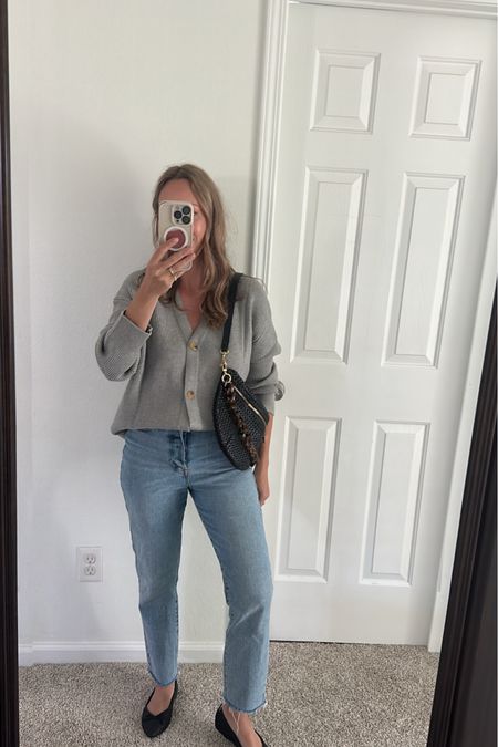 Easy fall outfit idea cardigan with ballet flats Clare v Fanny pack for woven details | cardigan is great quality but would size down 

#LTKover40
