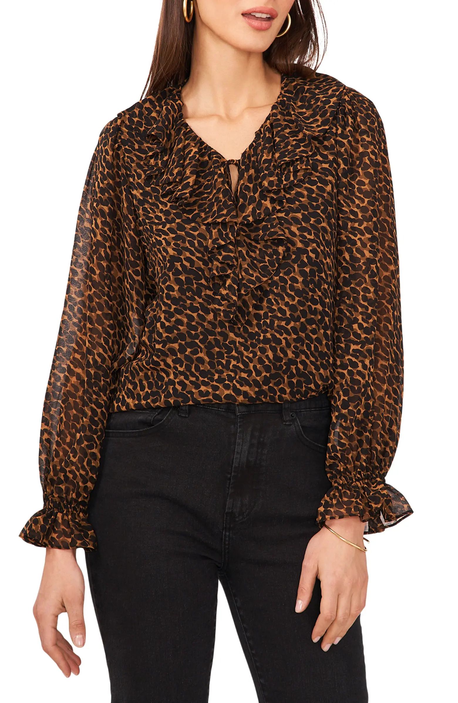 1.STATE Animal Print Ruffle Tie Neck Blouse | Nordstrom | Nordstrom