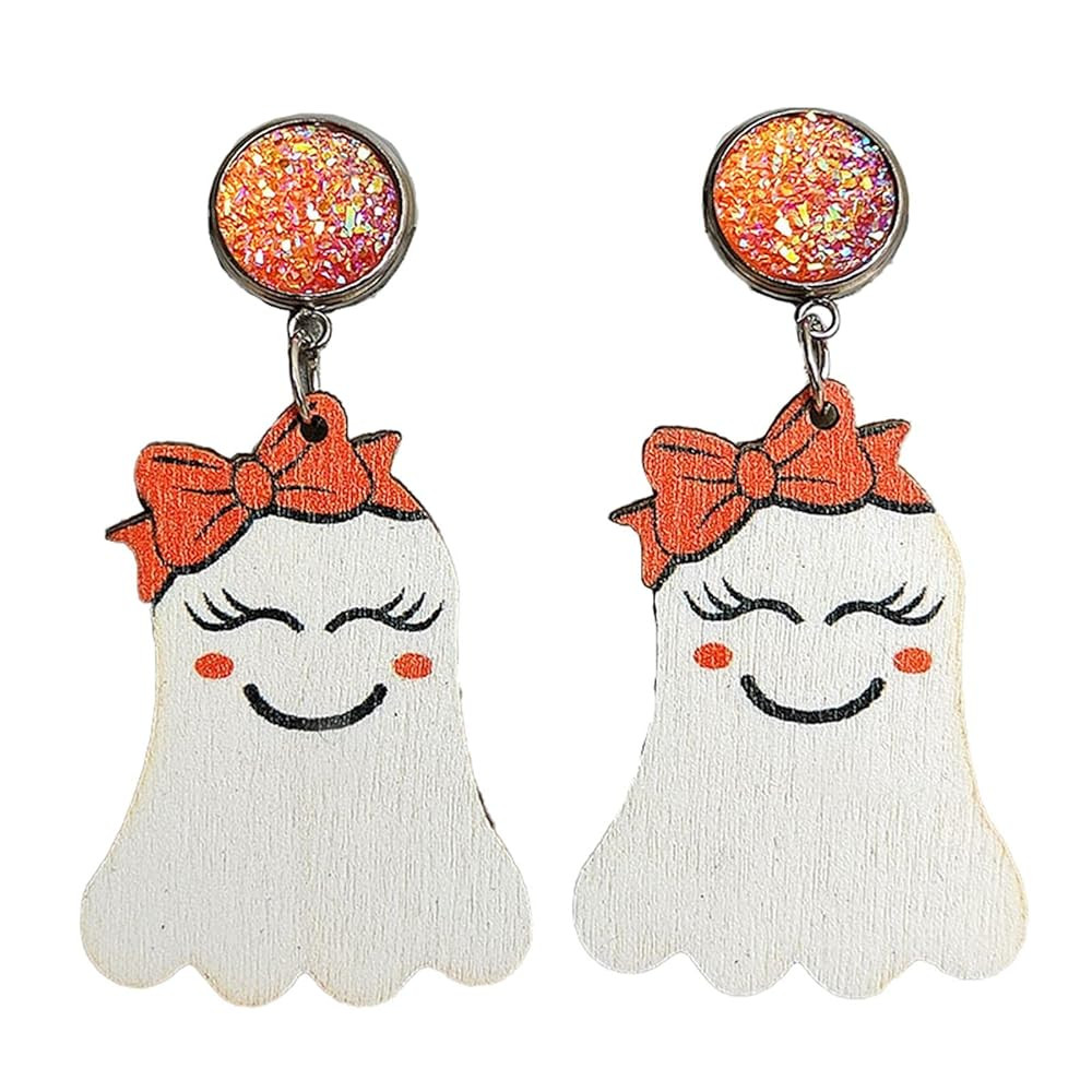 Halloween Cute Ghost Pumpkin Wooden Resin Acrylic Dangle Earrings Cartoon Ghost Print Halloween W... | Amazon (US)