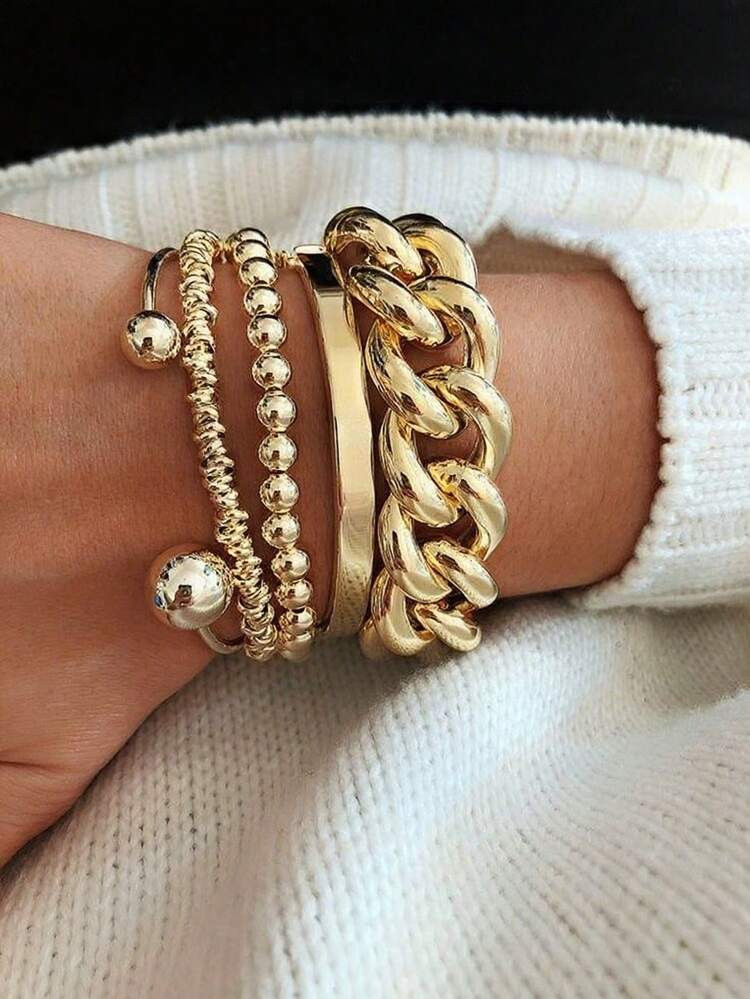 5pcs Fashionable Exaggerated Minimalist Layered Vintage Thick Chain & Bead Bracelet Set, Suitable For Date, Vacation, Daily Wear, Party, Holiday Gift For Women | SHEIN