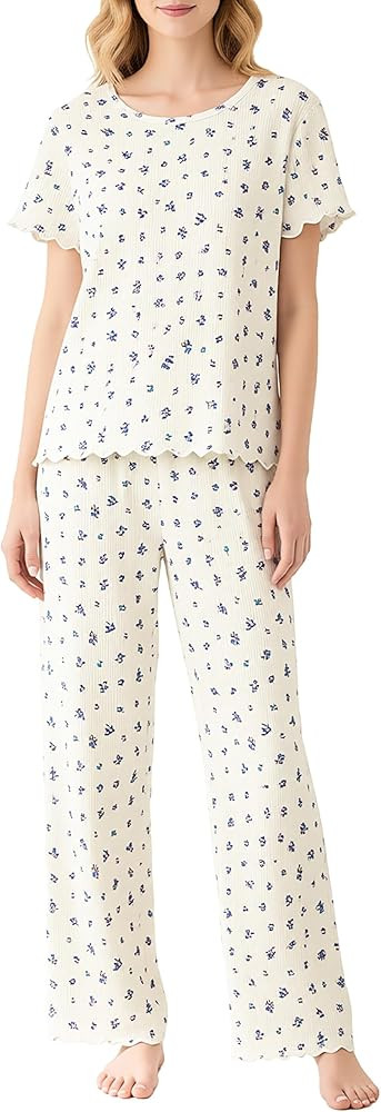 EUZ Pointelle Ditsy Floral Pajama Set for Women - 2 Piece Short Sleeve & Wide Leg Loungewear Pant... | Amazon (US)
