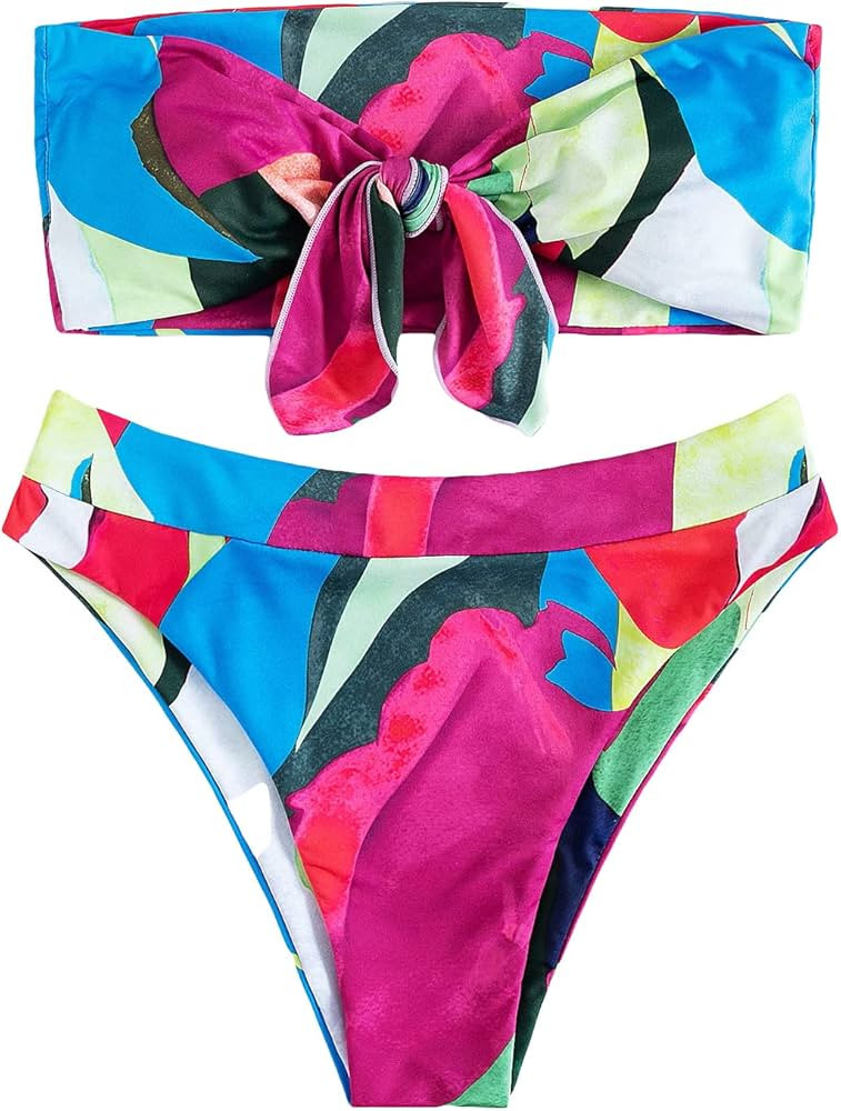 SheIn Women's Graphic Swimsuit Tie Front Bandeau and High Waist Panty Bikini Set Bathing Suit | Amazon (US)