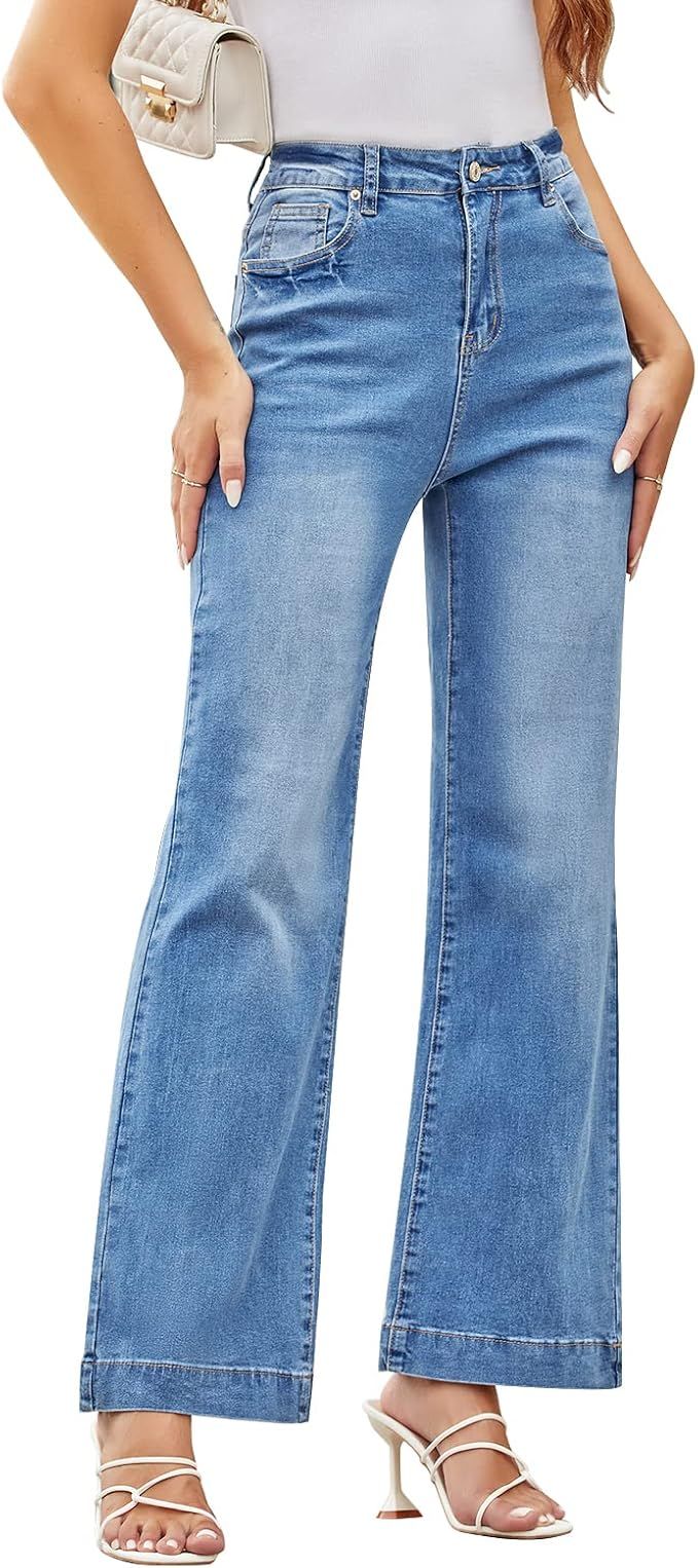 Koinshha Womens Flare Jeans High Waisted Wide Leg Baggy Stretch Boyfriend Denim Pants Trendy | Amazon (US)