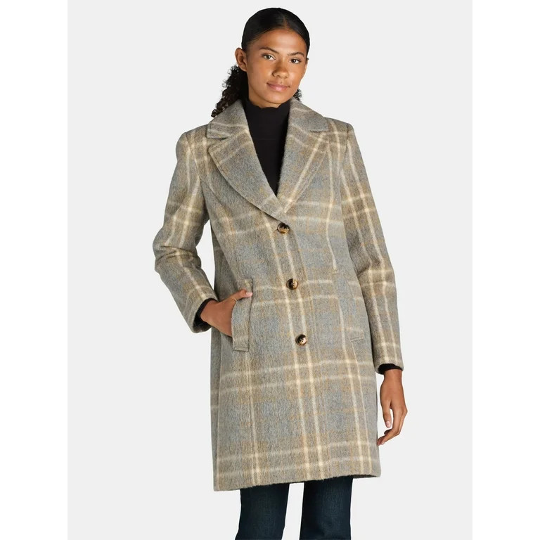 Time and Tru Women's and Women's Plus Faux Wool Solid Button Front Coat, Sizes XS-3X | Walmart (US)