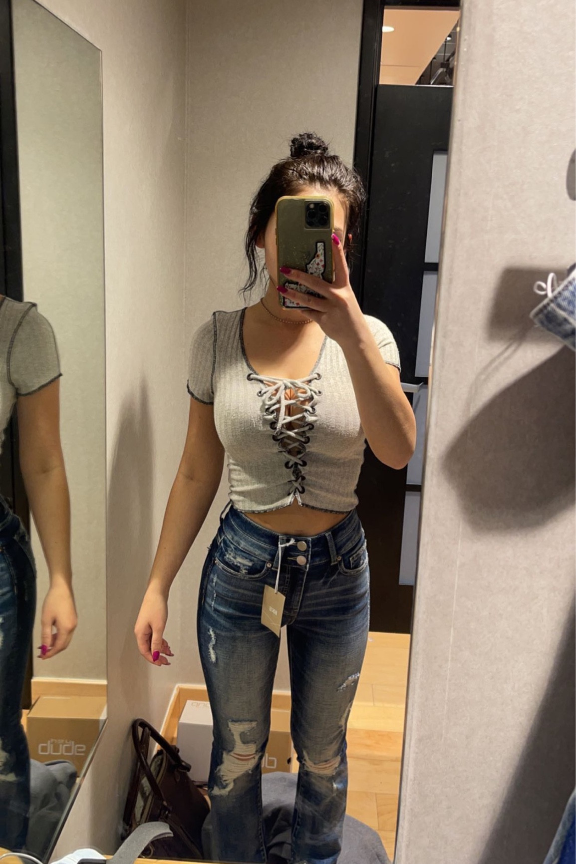 String tie top, buckle, ripped jeans 

#LTKstyletip #LTKU