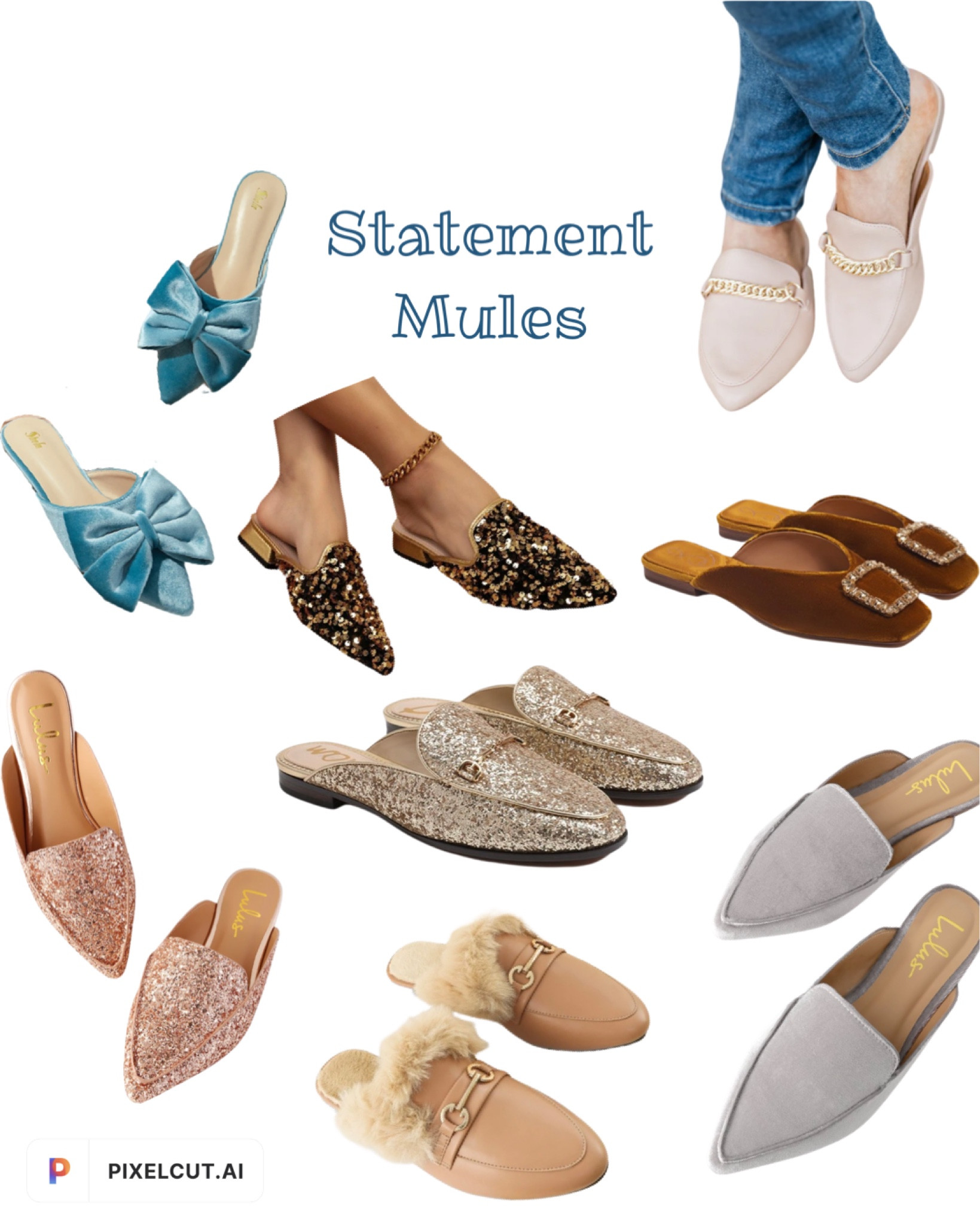 Statement mules // slide on loafers #statementshoe #mules #loafer #glittershoes #velvetshoes #bowshoe #buckleshos