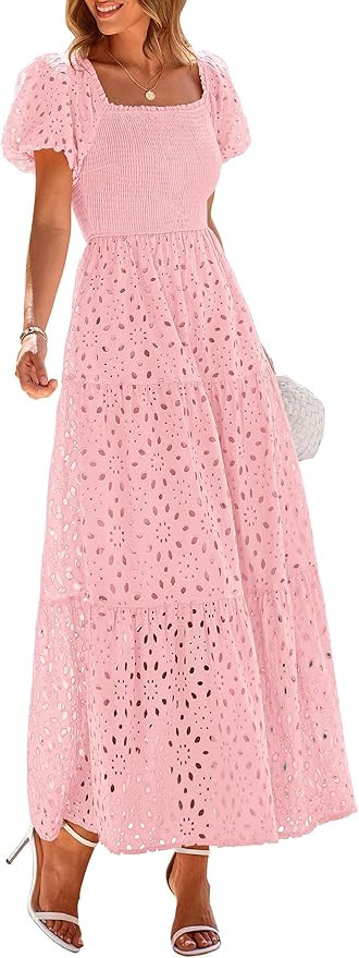 PRETTYGARDEN Summer Dresses for Women 2026 Eyelet Square Neck Puff Sleeve Smocked Wedding Guest M... | Amazon (US)