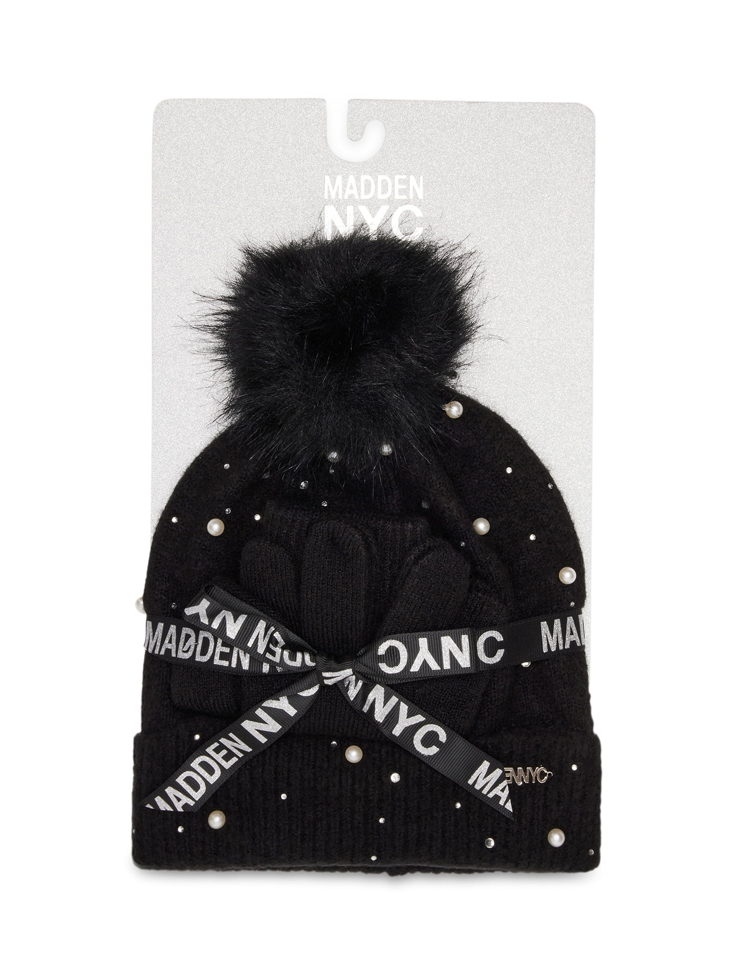 Madden Nyc Women's Faux Pearl Beanie And Gloves, 2-Piece Gift Set Black - Walmart.com | Walmart (US)