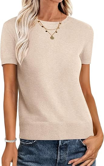 ANRABESS Womens Short Sleeve Sweaters Wool Blend Crew Neck Sweater Shirts Business Casual Work To... | Amazon (US)