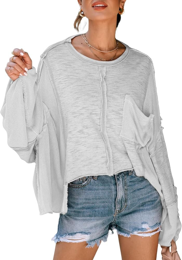 LEMAFER Women's Exposed Seam Chest Pocket Loose Sleeve Oversized Tunic Top Casual Solid Patchwork... | Amazon (US)