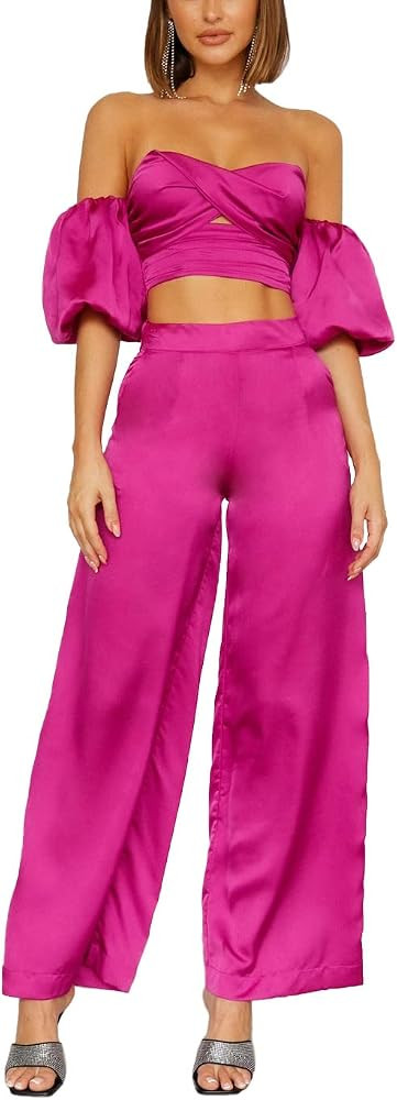 PffLook Women's Satin Halter High Waist Pants Sets Backless Lace Up Pockets Sexy 2 Piece Outfits | Amazon (US)