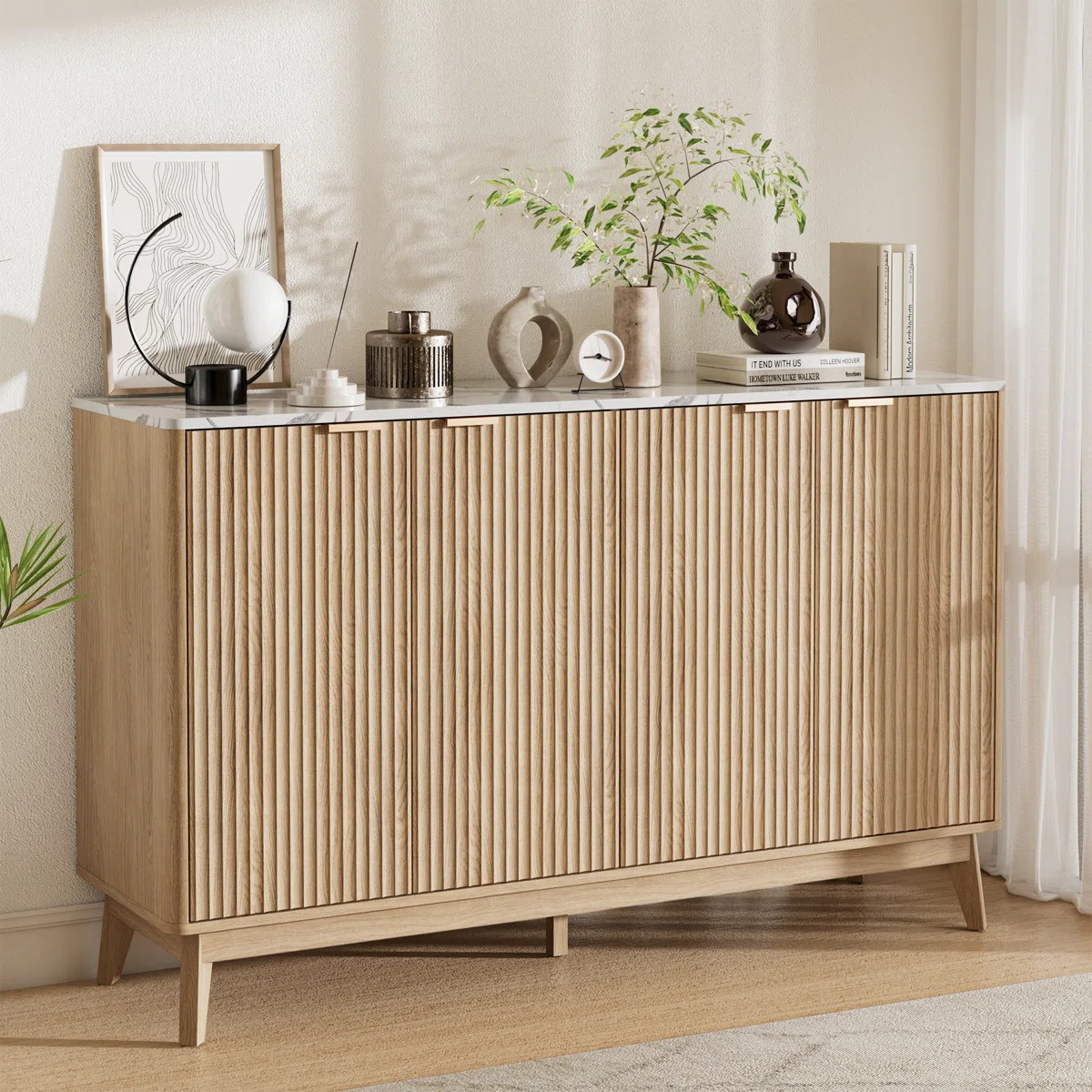Seyla 55'' Sideboard with Solid Wood Legs & 2 Adjustable Shelves, Four Curved Fluted Door | Wayfair North America