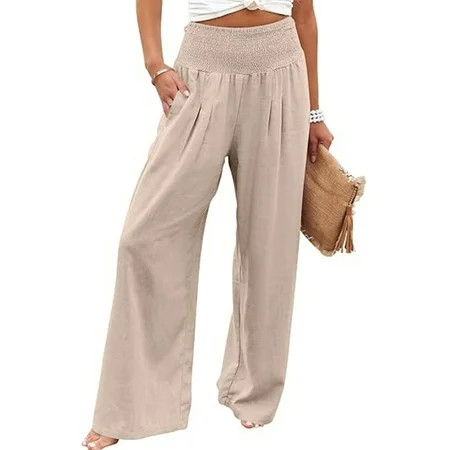 VDJ Women's Casual Wide Leg Pants Summer Boho High Waisted Beach Palazzo Trousers Flowy Lounge Pa... | Walmart (US)