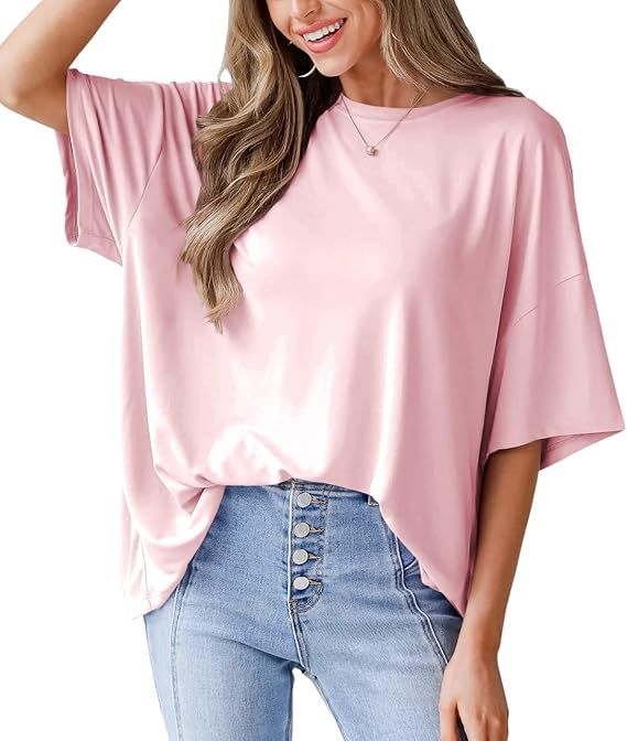 FSHAOES Womens Oversized Half Sleeve T Shirts Crew Neck Casual Loose Summer Basic Tee Tops | Amazon (US)