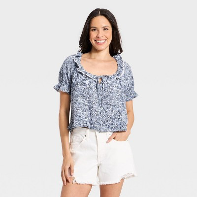 Women's Ruffle Short Sleeve Scoop Neck Blouse - Universal Thread™ Blue Floral S | Target