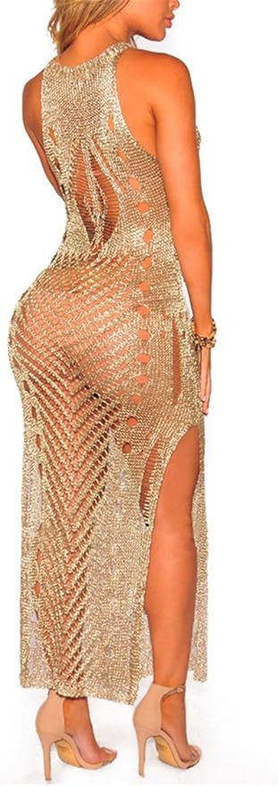 Women's Sexy Crew Neck Woolen Sweater Maxi Dress Bikini Swimsuit Cover-ups Tops Semi-Sheer Cover ... | Amazon (US)