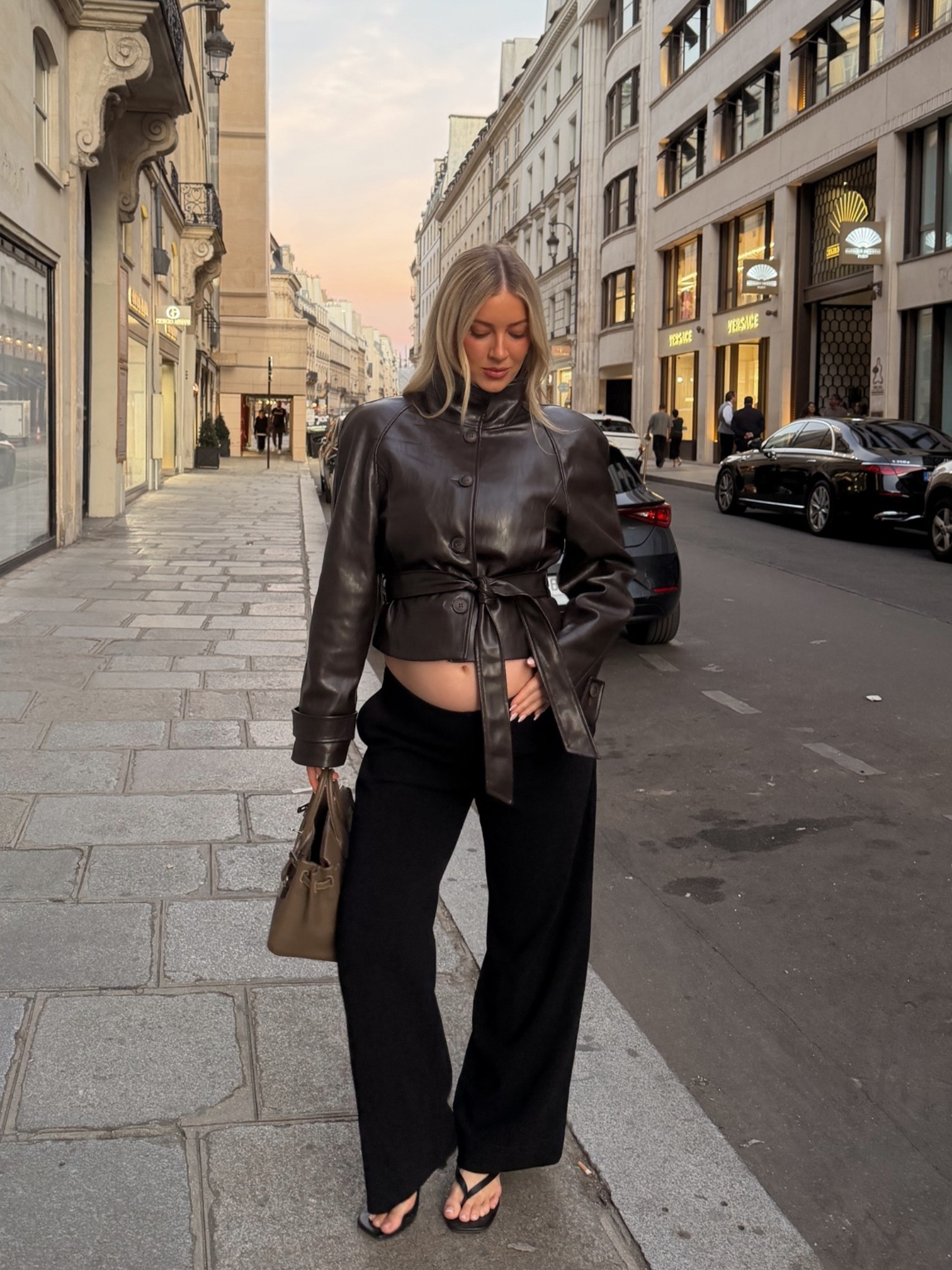 Size small in the jacket and pants! Heels run true to size and are so comfortable - I walked miles in them