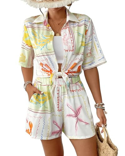 Bsubseach 2 Piece Short Sets for Women Tropical Printed Short Sleeve Button Down Shirt and Shorts Summer Beach Vacation Set White L | Amazon (US)
