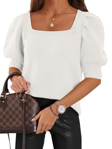 ATHMILE Women's Puff Short Sleeve Sweater Tops 2025 Spring Summer Trendy Square Neck Casual T Shirts Blouses C-White | Amazon (US)