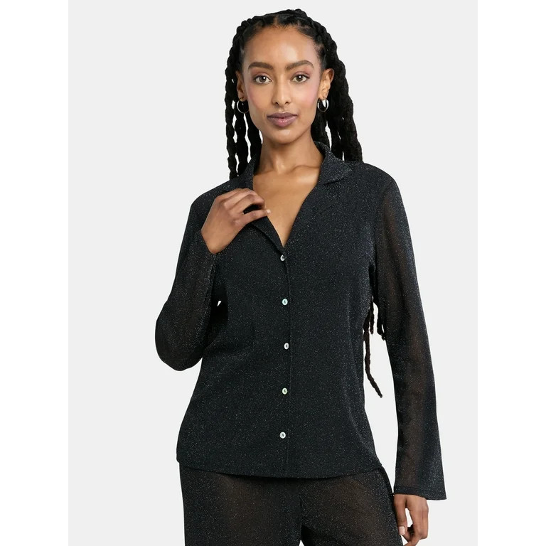 Time and Tru Women's and Women's Plus Sparkle Button Front Shirt Coverup, Sizes XS-2X | Walmart (US)