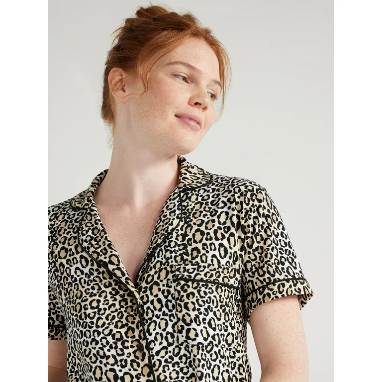 Joyspun Women’s Short Sleeve Notch Collar Top and Shorts Knit Pajama Set, 2-Piece, Sizes S to 3... | Walmart (US)