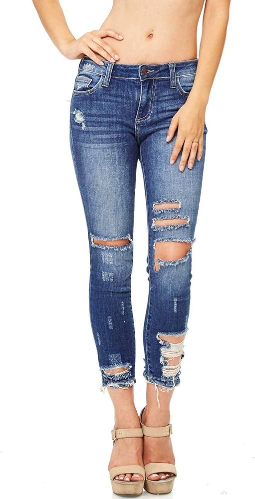 Women's Juniors Mid Rise Distressed Skinny Jeans | Amazon (US)