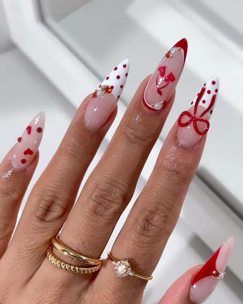 Valentine Press on Nails Red White French Tip, Heart Bow Love Nails, Romantic Handmade Nails, Cut... | Etsy (US)