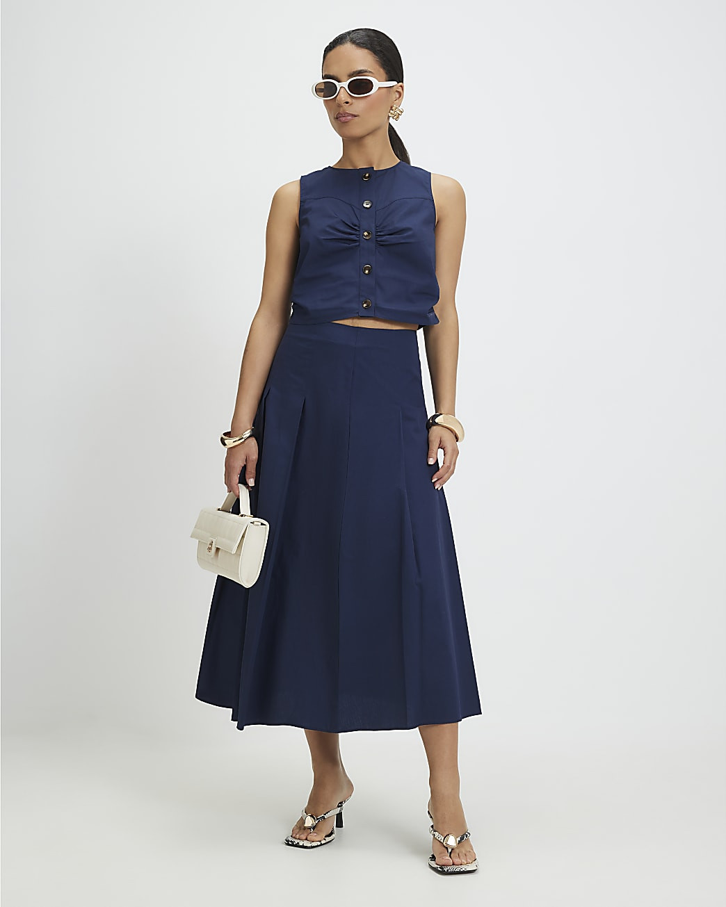 Petite Navy Cotton Pleated Midi Skirt | River Island UK & IE