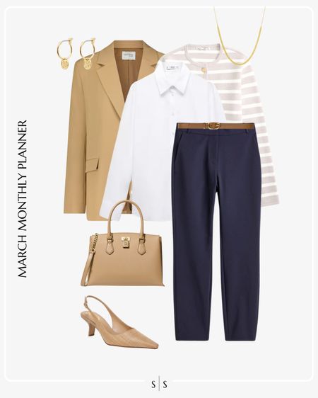 Monthly outfit planner: MARCH: Winter to Spring transitional looks | skinny ankle pant, white button down, striped cardigan, oversized tan blazer, sling back nude pumps, satchel  

Workwear, office attiree

See the entire calendar on thesarahstories.com ✨ 


#LTKworkwear #LTKstyletip