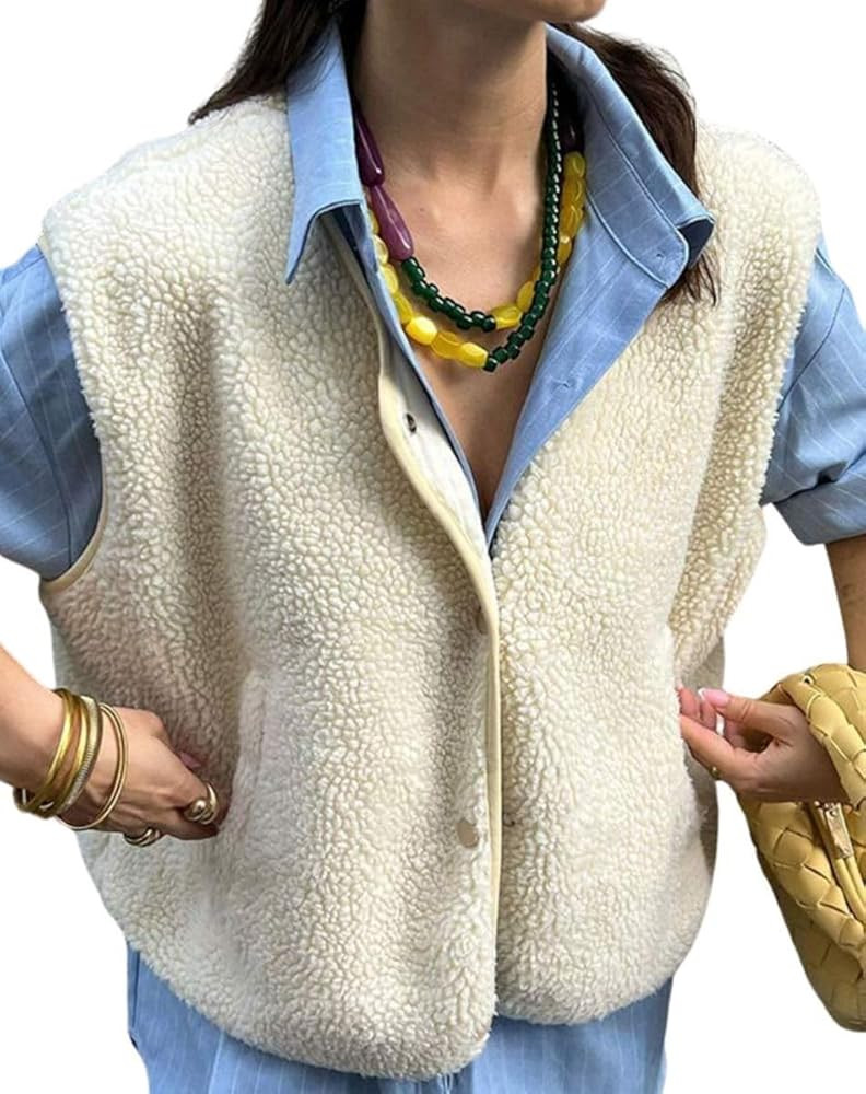 Women's Sherpa Fleece Vest Sleeveless Button Down Fuzzy Faux Shearling Jackets Gilet Outwear with... | Amazon (US)