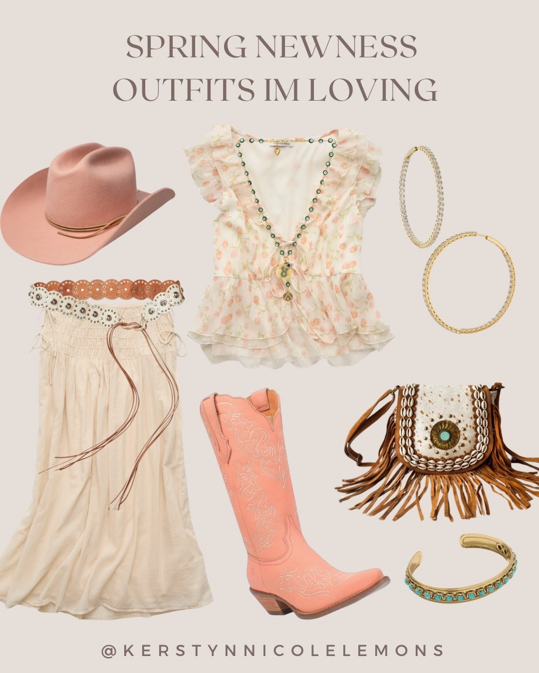 Soft western spring done right 🌸🤠✨
@American Eagle Outfitters 
I’m loving all the romantic, feminine details this season and this outfit is the perfect mix of boho + cowgirl. The flowy floral blouse with ruffle trim feels light and airy for spring, paired with a neutral maxi skirt and the prettiest blush cowboy boots to tie it all together.

The turquoise accents + fringe bag give it that classic western touch while still feeling elevated and trendy for Spring 2026. It’s giving Nashville brunch, Easter Sunday, country concert season, and spring family photos all in one 🤍

This is one of those outfits that feels effortless but styled.

#Spring2026Trends #WesternStyle #BohoWestern #CowgirlStyle #SpringOutfitIdeas #NashvilleStyle #EasterOutfit #ChurchOutfit #CountryConcertOutfit #MaxiSkirtStyle #FloralBlouse #TurquoiseJewelry #FringeBag #CoastalCowgirl #SouthernStyle #FestivalStyle #LTKSpring #LTKFashion #WesternBoho #RodeoOutfi

#LTKootd #LTKSeasonal #LTKgrwm