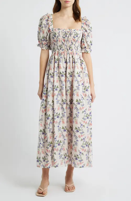 Hill House Home The Scarlett Smocked Midi Dress in Scallop Bow Chintz Pink at Nordstrom, Size Medium | Nordstrom