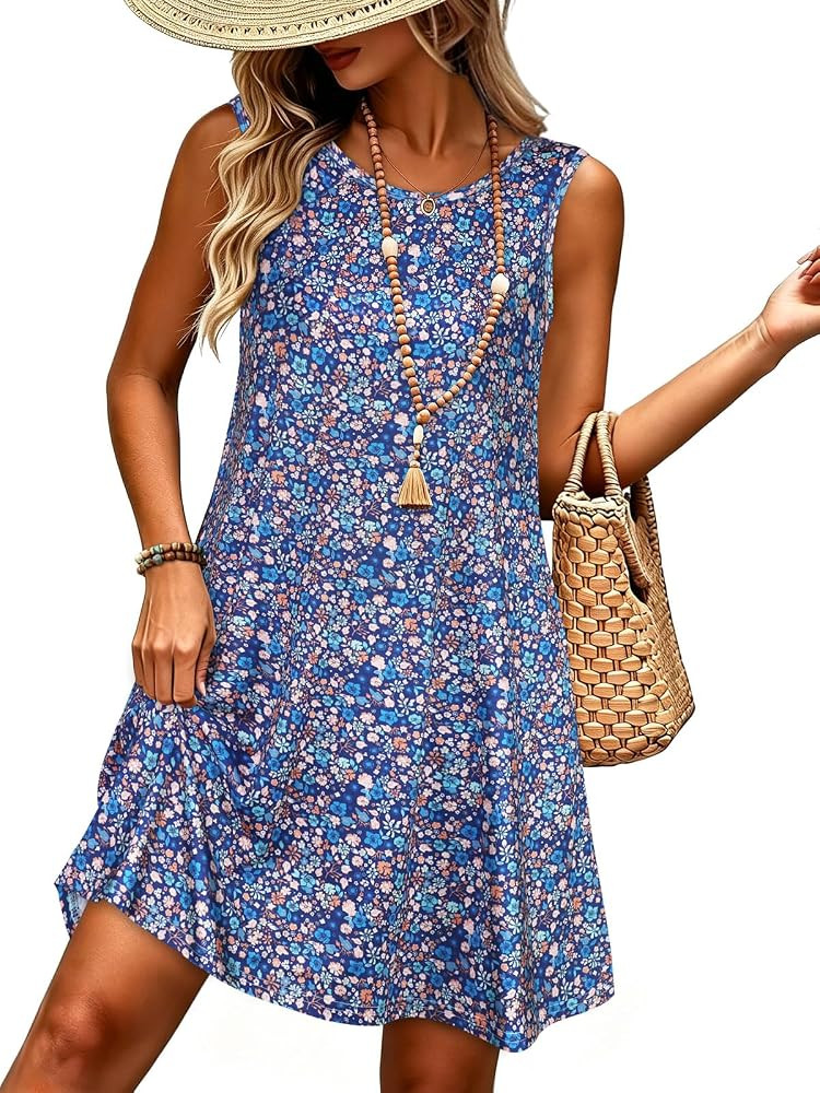 elescat Women's Summer Dresses 2026 Beach Casual Sleeveless Floral Print Tank Loose Sundress with Pocket | Amazon (US)