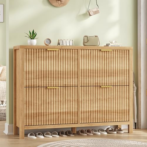 YOMILUVE Shoe Cabinet Storage for Entryway, Fluted Shoe Cabinet with 4 Flip Drawers, Hidden Shoe Rack Freestanding Wooden Shoe Organizer with Legs for Hallway, Oak | Amazon (US)